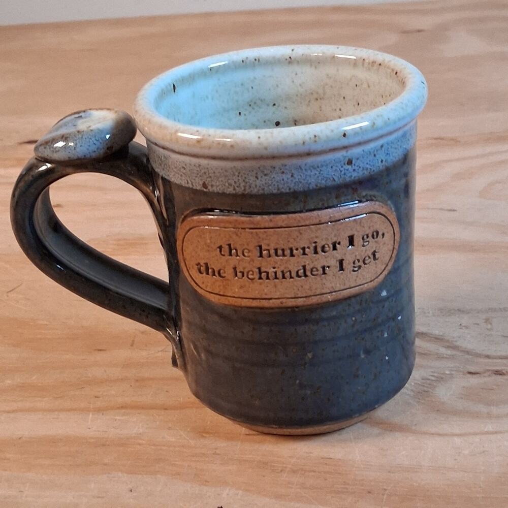 Handcrafted Pottery Mug Blue 8 Oz Ceramic Coffee Cup Hurried And Behind